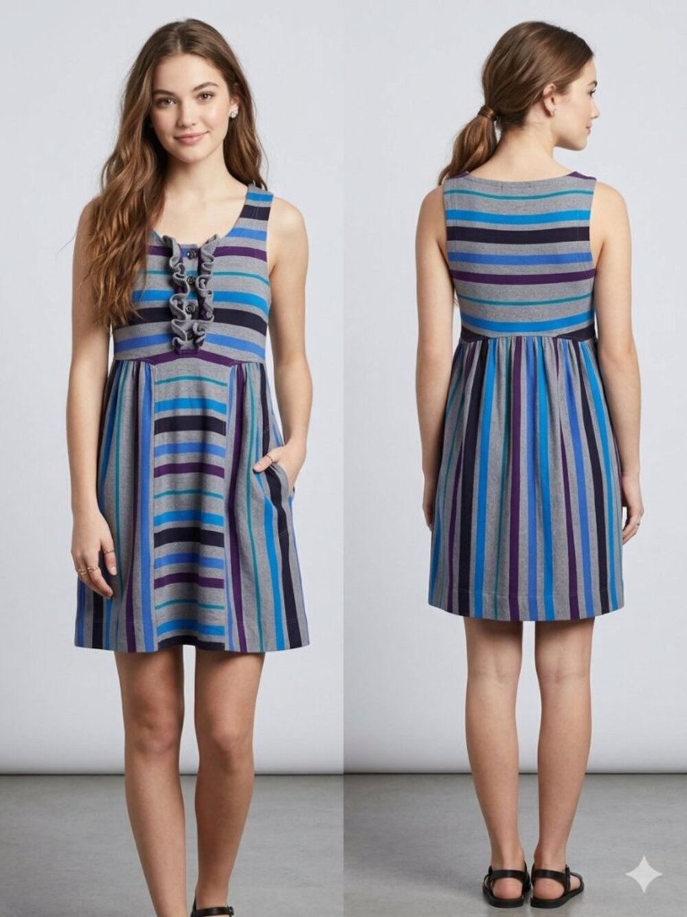 Marc by Marc Jacobs Striped Ruffle Front Dress Grey Blue Purple Size M Pockets